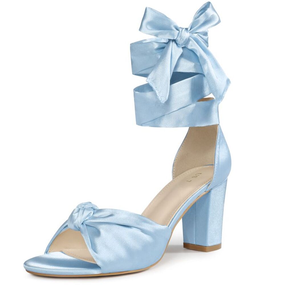 Satin Open Toe Lace Up Block Heels Heels Sandals Light Blue